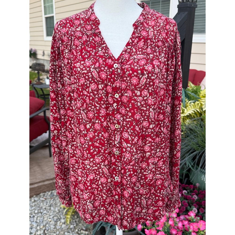 Amuse Society Women XS Red Pink Floral Print Long Sleeve Boho Blouse Top